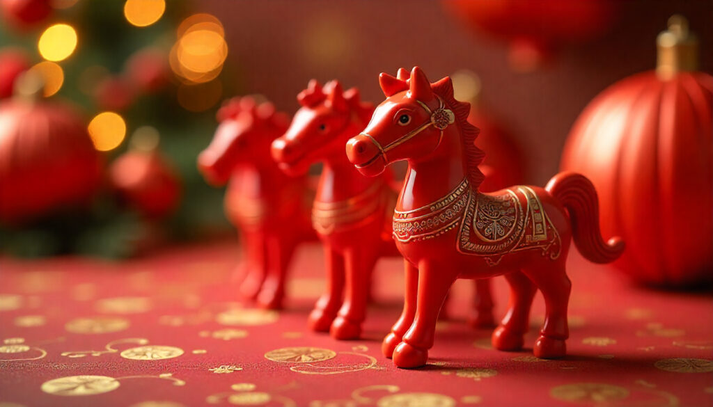 Красная лошадь, как символ Нового года 2026 на праздничном столе